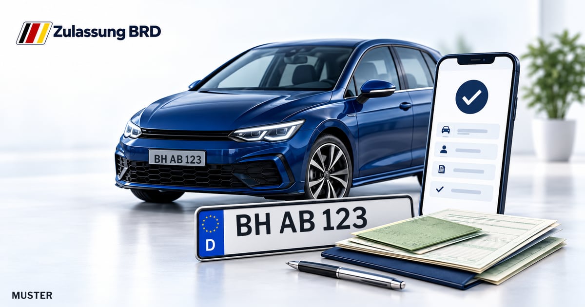 Online Fahrzeugzulassung in Offenburg: Musterkennzeichen BH AB 123, Auto und Fahrzeugpapiere und Smartphone. Illustration mit Logo von Zulassung BRD.